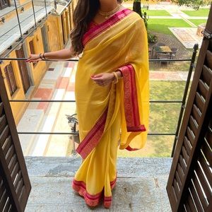 Silk saree gold zari work indian wedding formal Yellow with fuchsia top - small